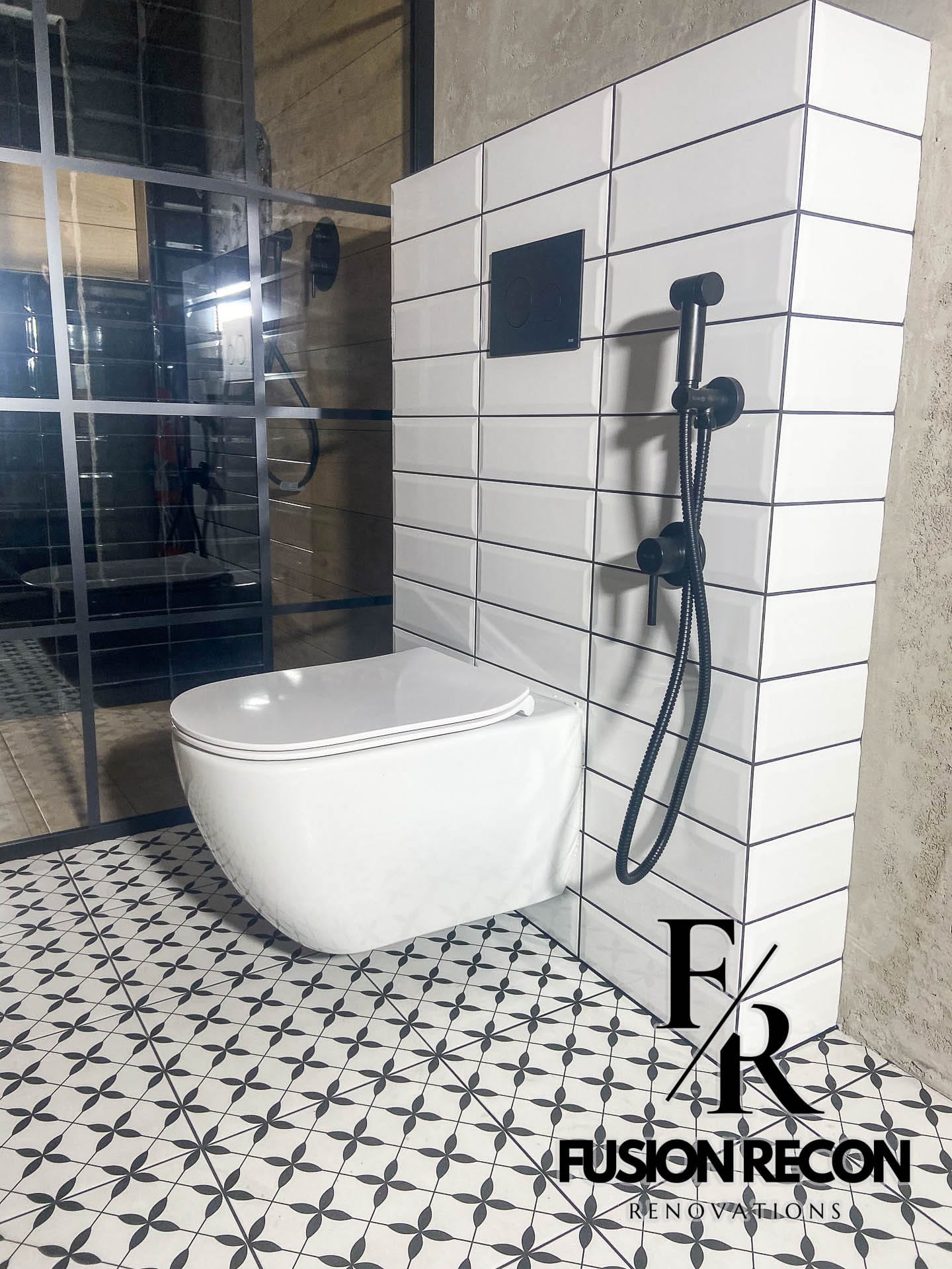 Futuristic bathroom renovation with white metro tiles and LED lighting – Wimbledon SW19