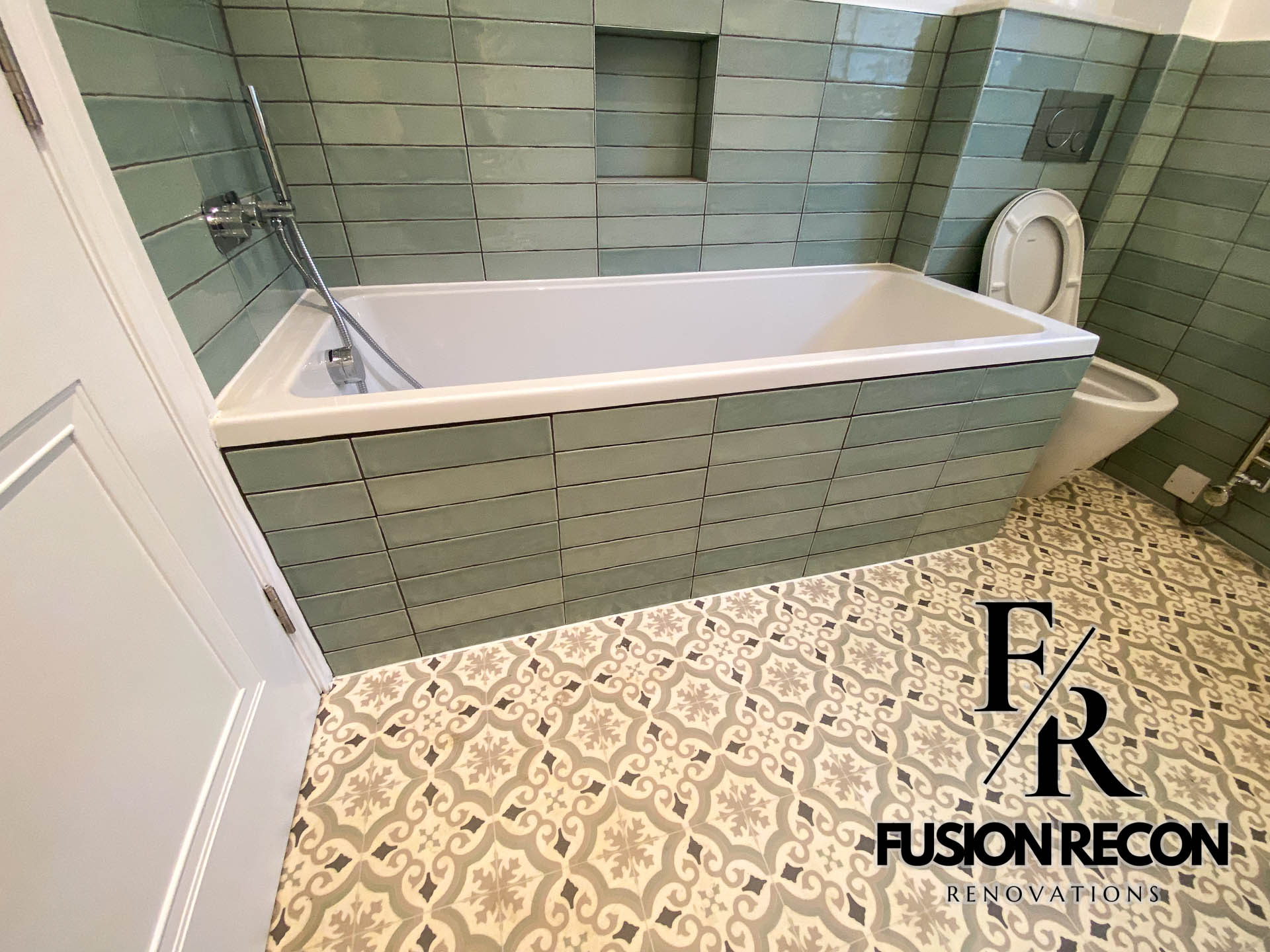 Green brick tiles bathroom design with modern fixtures – Kensington W8